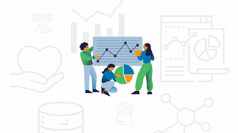 People stand around a chart displaying data with a line graph going up.